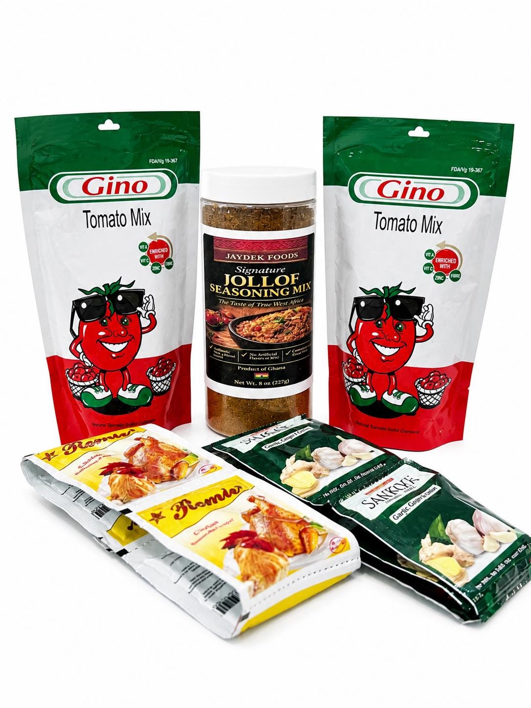 Jollof Rice Essentials Box | Jaydek Foods Jollof Seasoning Mix, Gino Tomato Mix, Sankofa Garlic Ginger, Authentic West African Flavor Pack